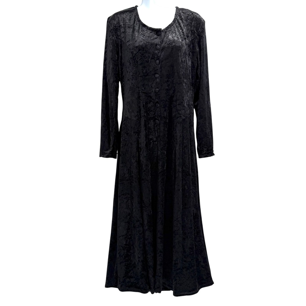 Vintage Crushed Velvet Button Front Maxi Dress L Black Vamp Gothic Witchy 90s
